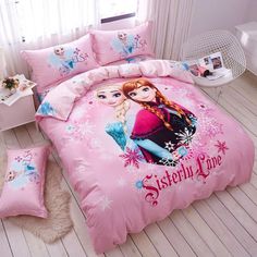 Casa 100% Cotton Kids Bedding Set Girls Frozen Elsa and Anna Princesses Pink Duvet Cover and Pillow Cases and Fitted Sheet,4 Pieces,Queen Pink Bed Sheets, Frozen Bedroom, Anna Et Elsa, Princess Bedrooms, Pink Bedding Set, Boho Duvet