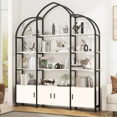 a living room with a white bookcase filled with books