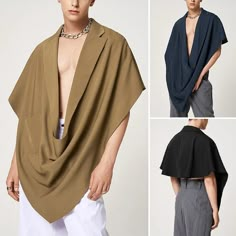 Mens Irregular Short Sleeved V-Neck Cape Jacket Hippie Pullover Jacket Shawl | eBay Man Design Fashion, Mens Statement Pieces, Mens Colorful Fashion, Mens Haute Couture, Ponchos For Men, Plus Size Men Fashion, Asian Designers, Mens Top, Poncho Jacket