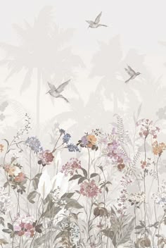 an image of flowers and birds flying in the air on a foggy day with palm trees