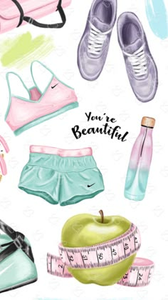 watercolor illustration of various items that include shoes, an apple, measuring tape and a bottle