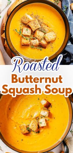 A vibrant bowl of roasted butternut squash soup topped with croutons, capturing the essence of a cozy fall soup recipe. Butternut Squash Roasted, Best Butternut Squash Soup, Squash Roasted, Vegan Butternut Squash Soup, Butternut Squash Curry, Healthy Butternut Squash, Butternut Squash Soup Recipe, Easy Butternut Squash, Curried Butternut Squash Soup