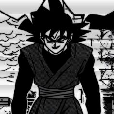 a black and white image of gohan with his hands on his hips, standing in front of a wall