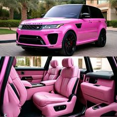 the pink range rover is parked in front of a building with palm trees behind it