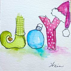 a watercolor drawing of the word joy and two christmas ornaments