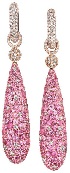 A Pair of Pink Sapphire and Diamond Ear Pendants. Each suspending a pavé-set pink sapphire bombé drop, accented by pavé-set diamonds pink diamond earrings #pink #earrings Glitter Rosa, Pink Jewels, Tickled Pink, Everything Pink, Diamond Drops, Van Cleef, Gorgeous Jewelry, Pink Diamond, Pink Sapphire