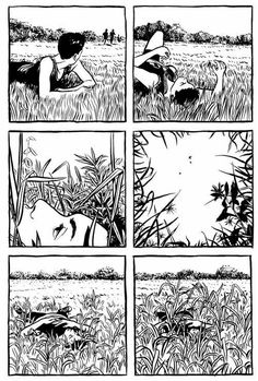 black and white comic panels with people in the grass, one is laying on his stomach