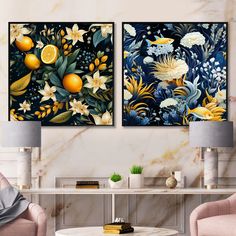 two paintings on the wall in a living room