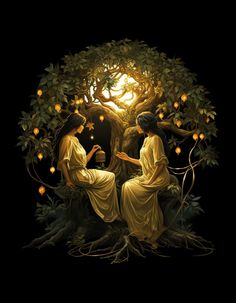 two women sitting in the middle of a tree with oranges on it's branches