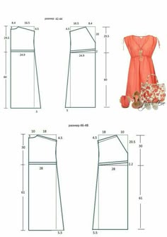 four different types of dresses and purses with measurements for each one, including the top