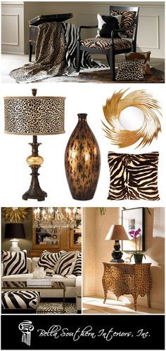 a collage of zebra print furniture and accessories