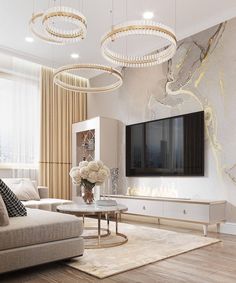 the living room is decorated in white and gold tones with chandeliers hanging from the ceiling