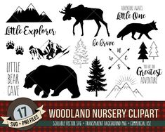 the woodland nursery clipart is available for use in crafts and scrapping projects, such as t - shirts