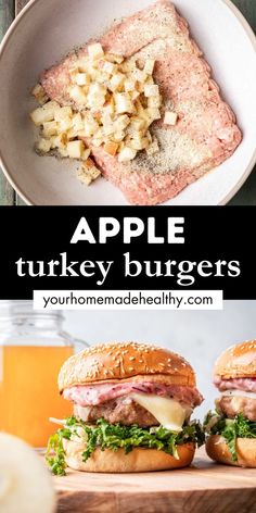 Apple turkey burgers on buns with cranberry aioli, kale slaw, and cheese. Fall Turkey Burgers, Apple Burger Recipe, Thanksgiving Turkey Burger, Apple Turkey Burgers, Ground Turkey Recipes For Dinner Kids, Frozen Turkey Burger Recipes, Southwest Turkey Burgers, Turkey Burger Recipes Ground, Thanksgiving Burger