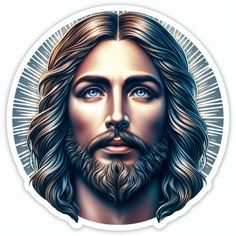 the face of jesus with long hair and blue eyes is shown in a circular sticker