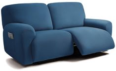 the reclining loveseat is made from blue fabric