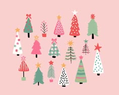 christmas trees on pink background with stars and dots in the middle, all different colors