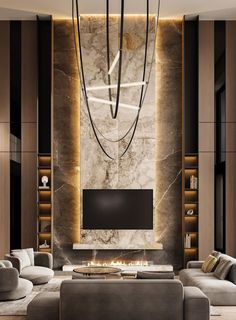 a modern living room with marble walls and floor to ceiling lighting, large sectional sofas