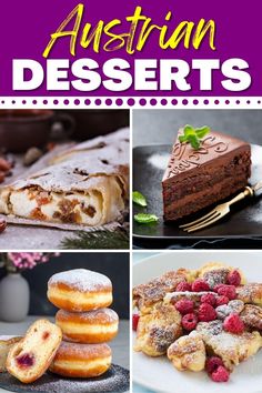 the cover of australian desserts is shown with pictures of pastries, cakes and other desserts