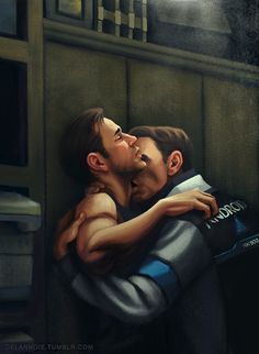 a painting of two men hugging each other