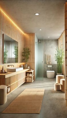 a modern bathroom with bamboo decor and lighting