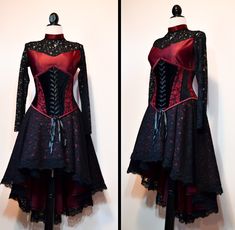 Black and red gothic dress with matching steelboned corset. Fabrics I used for the dress are satin and lace. Zip on the back. Corset is made of strong velvet decorated with lace, 28 steel bones, back and front lacing. This design can be made in any other color. Red And Black Gothic Wedding Dress, Red Gothic Dress, Dress With Corset Belt, Lace Gothic Dress, Beanie Outfits, Black Wedding Dress Gothic, Red Gothic, Dark Red Dresses, Character Clothing