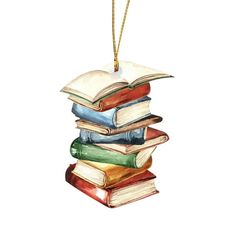 a stack of books hanging from a string