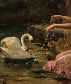 a painting of a swan being chained to a rock by a woman in a pink dress