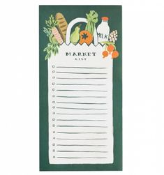 a notepad with vegetables and milk on it sitting on top of a white table