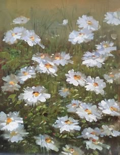 a painting of white flowers in a field