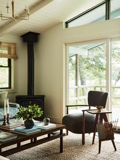 a living room filled with furniture and a fire place in the middle of a room