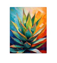 an abstract painting of a plant with bright colors