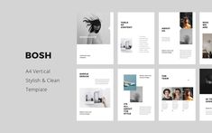 the bosh powerpoint presentation template is shown in white and black colors, with multiple images