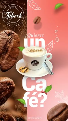 an advertisement with coffee beans on the side and in the background, there is a cup of coffee