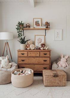 a living room filled with lots of furniture and stuffed animals on top of it's chest