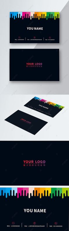 three business cards with different colored lines on the front and back, one in black