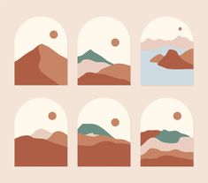 four different mountains and hills are shown in the same image, each with an oval window