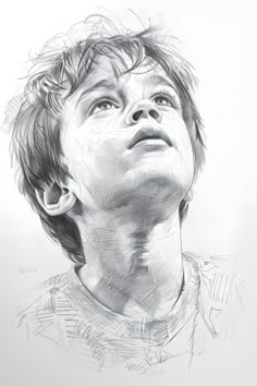 a black and white drawing of a boy looking up at something in the sky with his eyes closed