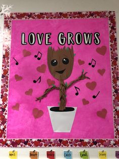 a bulletin board with an image of a baby groote in a flower pot