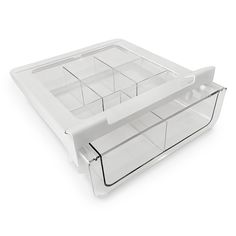 two clear drawers with dividers on each side and one open drawer in the middle