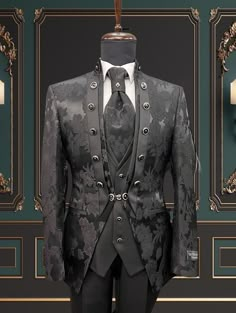 4 Piece Slim Fit Black Tuxedo Mandarin Collar Package includes  Jacket, Vest, Pants, bowtie, tuxedo shirt, brooch flower.  Shipped in large box to preserve the shape  Top quality guaranteed Dark Wedding Tuxedo, Tailored Suits For Wedding And Gala, Notch Lapel Tuxedo For Wedding Gala, Elegant Tuxedo For Wedding Gala, Elegant Wedding Tuxedo For Gala, Designer Black Tuxedo For Groom, Luxury Blazer For Wedding And Gala, Tailored Sets For Black-tie Events, Bespoke Black Blazer For Wedding