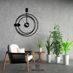 there is a clock on the wall next to two chairs and a table with potted plants