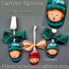 four spoons decorated with little children's faces and green bows, each holding a fork