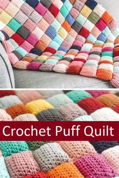 the crochet puff quilt is made with different colors