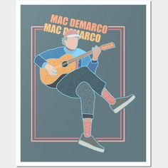 a man playing an acoustic guitar with the words mac demarco on it