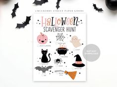 halloween scavenger hunt printables with bats, witches and cats on them