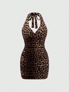 Y2K Leopard Print Full Bodycon Mini Dress With Ruffle Hem And Halter Neck For Women, School Multicolor Sexy  Sleeveless Knitted Fabric Textured Pattern Bodycon High Stretch  Women Clothing, size features are:Bust: ,Length: ,Sleeve Length: Lepord Print 2000s, Leopard Clothes, Y2k Things, Louis Vuitton Dresses, Y2k Mini Dress, Leopard Print Outfits, Leopard Outfits, Halter Bodycon Dress, Fabric Textured