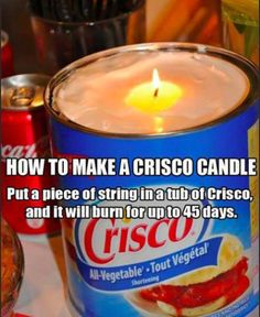 Crisco Candle for emergency situations. Simply put a piece of string in a tub of shortening, and it will burn for up to 45 days!!! - Top 68 Lifehacks and Clever Ideas that Will Make Your Life Easier Crisco Candle, 25 Life Hacks, 1000 Lifehacks, Emergency Preparedness Food, Emergency Prepardness, Doomsday Prepping, Apocalypse Survival, Emergency Preparation, Survival Life Hacks