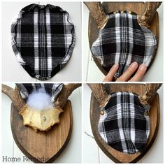 four pictures showing how to make a deer head out of fabric