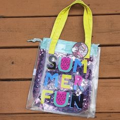 New! This 2-In-1 Bag Is So Super Cute! Clear Bag On The Outside And Removable Drawstring Pouch On The Inside. "Summer Fun" Features Colorful Letters/Watermelon And A Purple Magic Sequins Bag Inside. Perfect For Your Little One Or Even You! Playful Yellow Bags For Back To School, Green Fun Bag For Back To School, Fun Green Bag For Back To School, Fun Multicolor Shoulder Bag, Summer School Bags Made Of Plastic, Fun Green Back-to-school Bag, Cute Yellow Shoulder Bag For Summer, Cute Yellow Seasonal Shoulder Bag, Summer School Plastic Bags